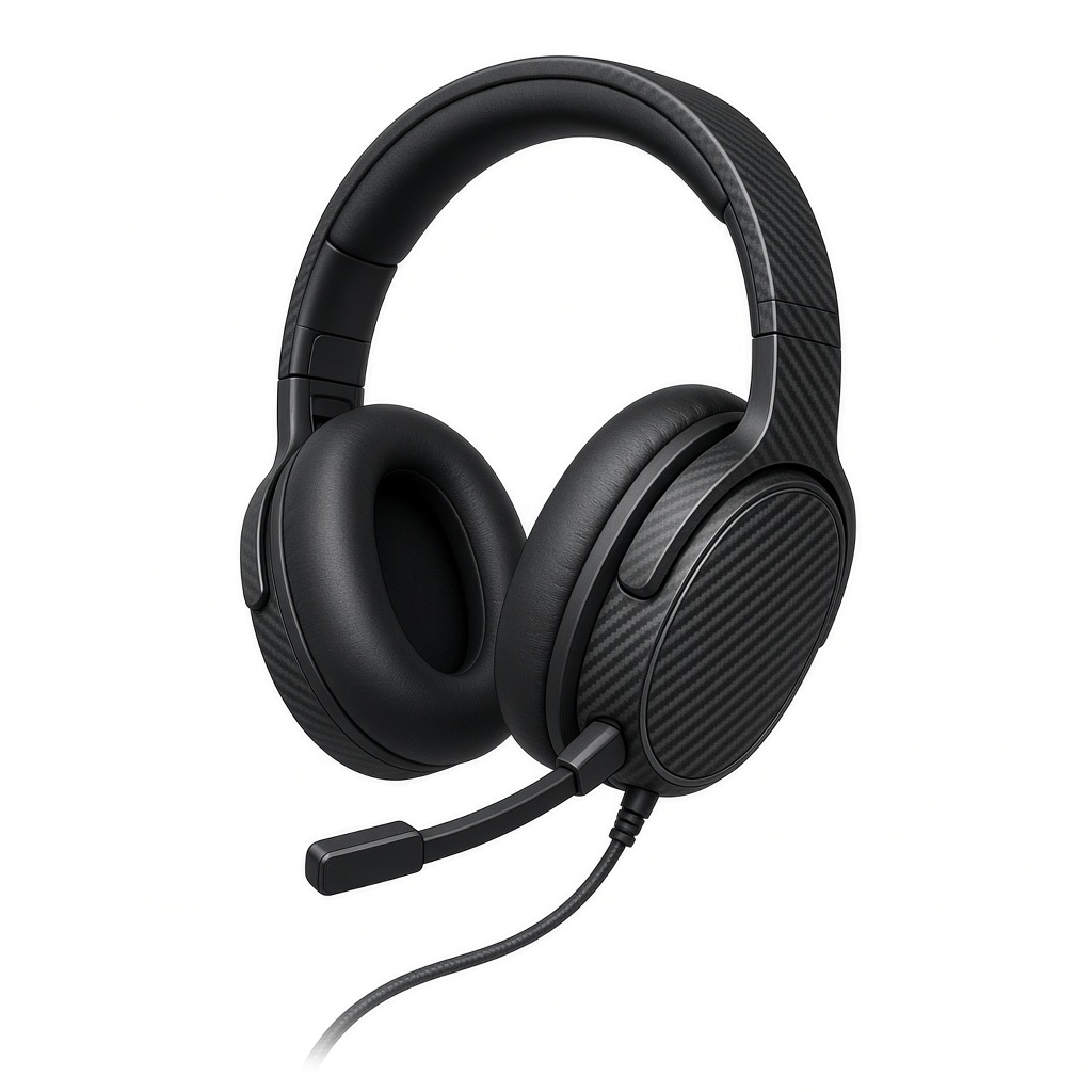 AI-generated product illustration of a black Corsair HS55 Stereo wired gaming headset. Not an official manufacturer photograph.