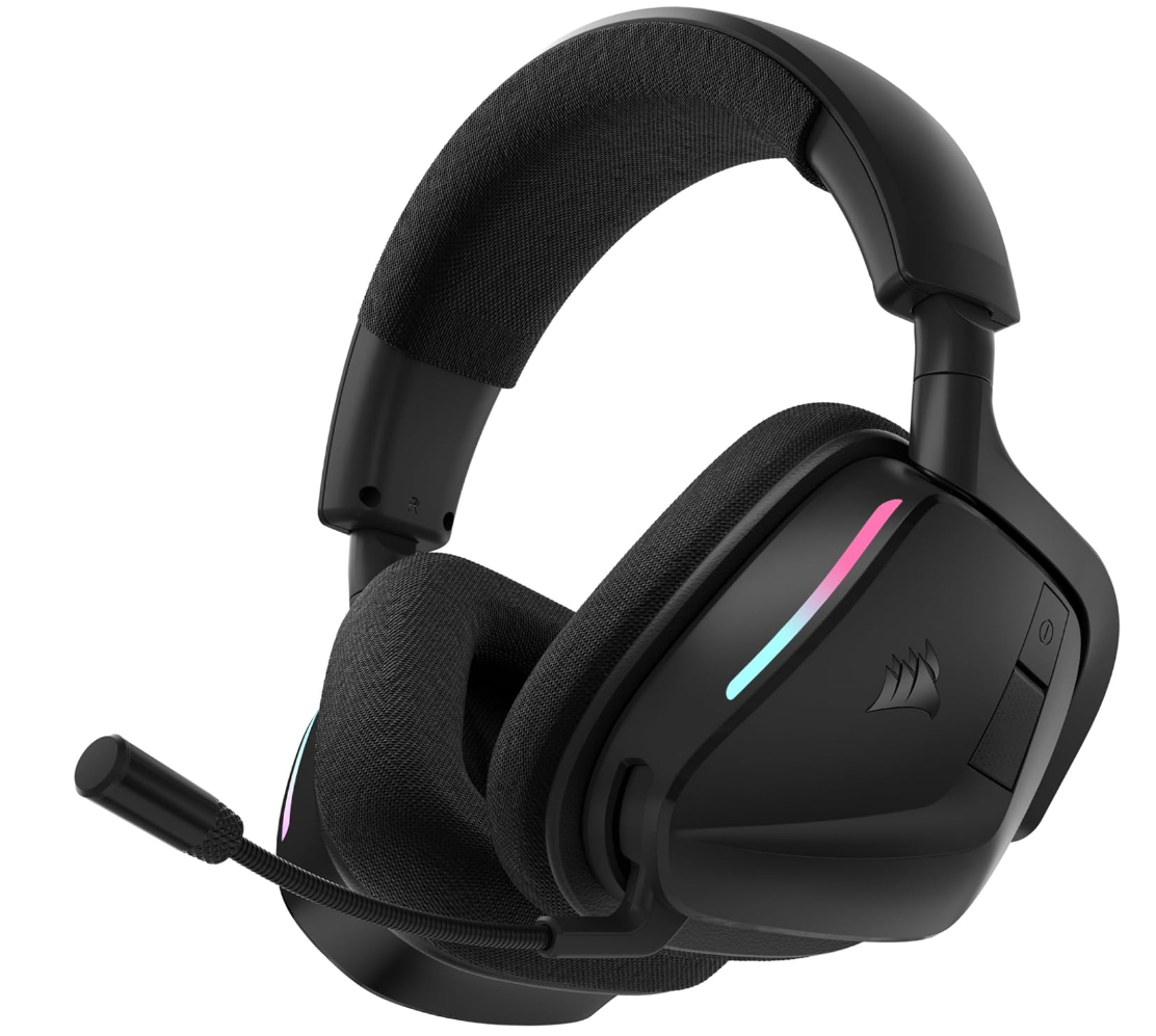AI-generated product illustration of a black Corsair VOID v2 Wireless gaming headset. Not an official manufacturer photograph.