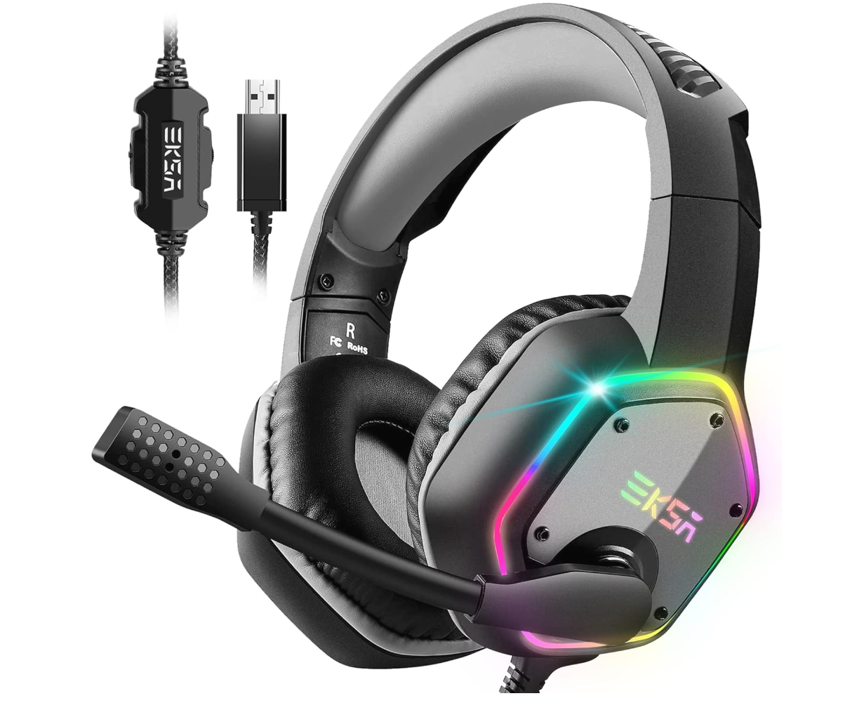 AI-generated product illustration of a grey EKSA E1000 USB headset with RGB lighting. Not an official manufacturer photograph.