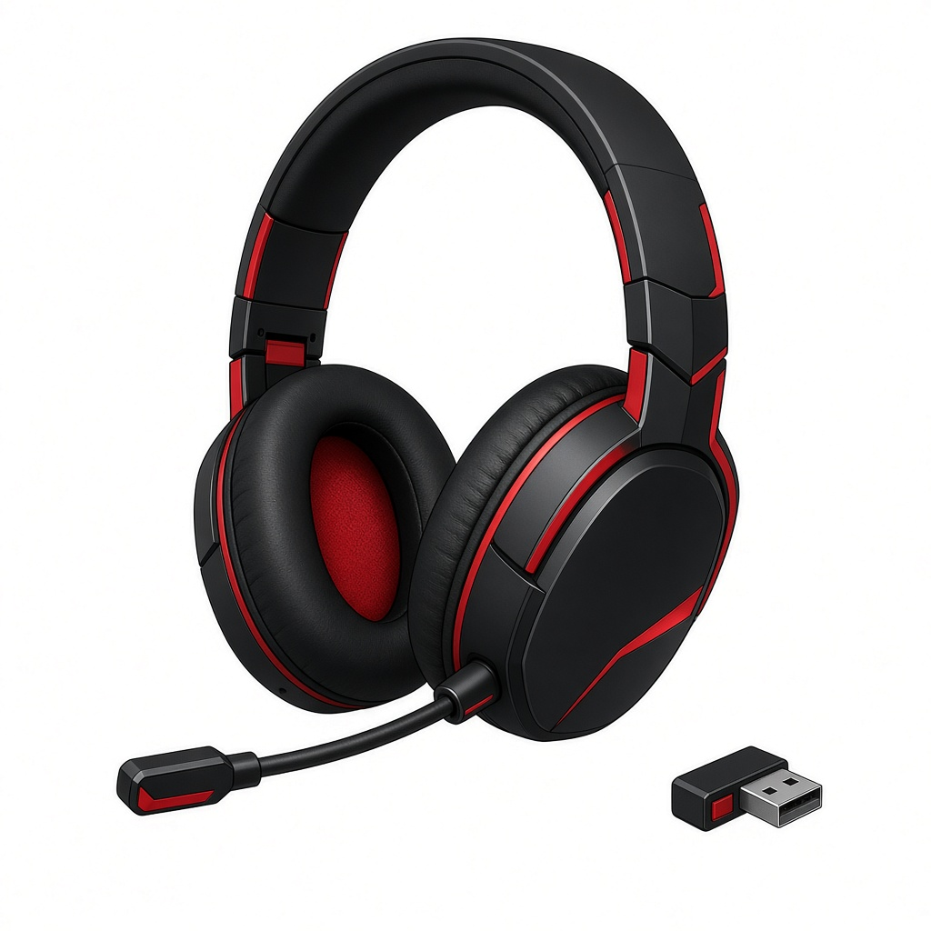 AI-generated product illustration of a black and red HyperX Cloud III S wireless headset. Not an official manufacturer photograph.