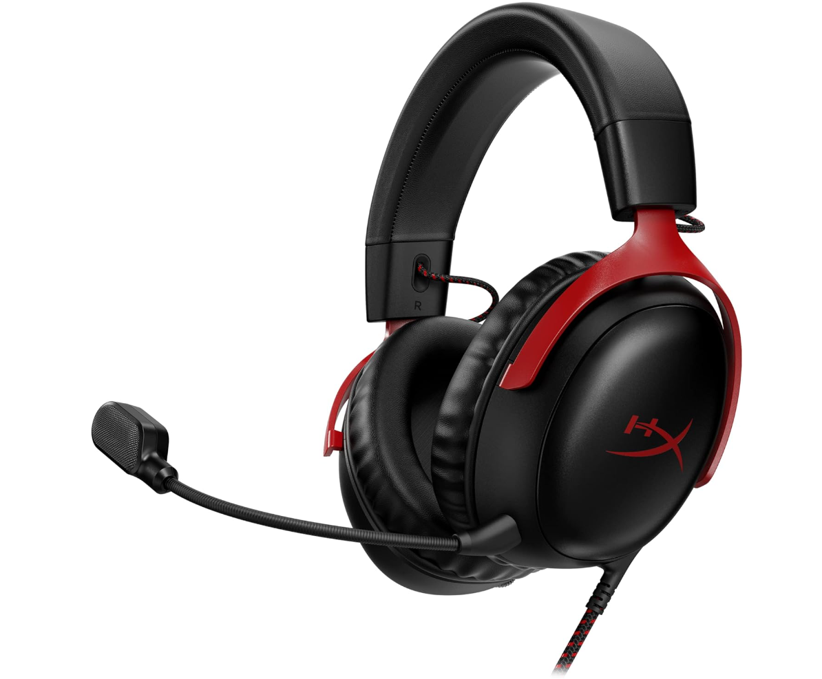 AI-generated product illustration of a black and red wired HyperX Cloud III. Not an official manufacturer photograph.