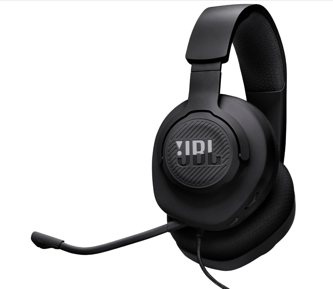 AI-generated product illustration of a black wired JBL Quantum 100M2. Not an official manufacturer photograph.
