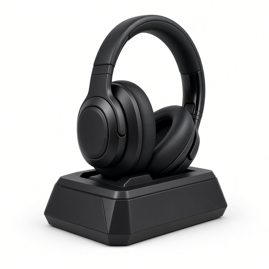 AI-generated product illustration of a black Logitech Astro A50 X headset on a base station. Not an official manufacturer photograph.