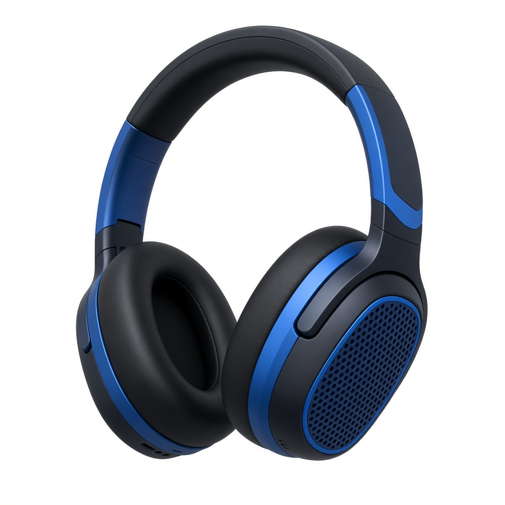 AI-generated product illustration of a black and blue Logitech G435 wireless headset with no boom microphone. Not an official manufacturer photograph.
