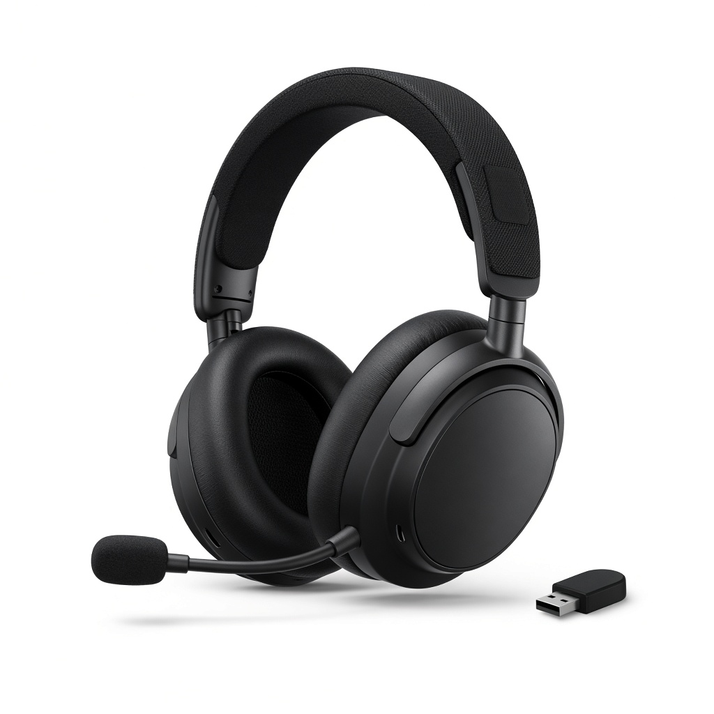 AI-generated product illustration of a black SteelSeries Arctis Nova 7P Gen 2 wireless headset with a USB dongle. Not an official manufacturer photograph.