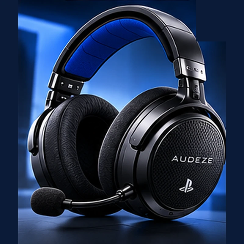 AI-generated product illustration of a black Audeze Maxwell 2 headset designed for PlayStation. Not an official manufacturer photograph.