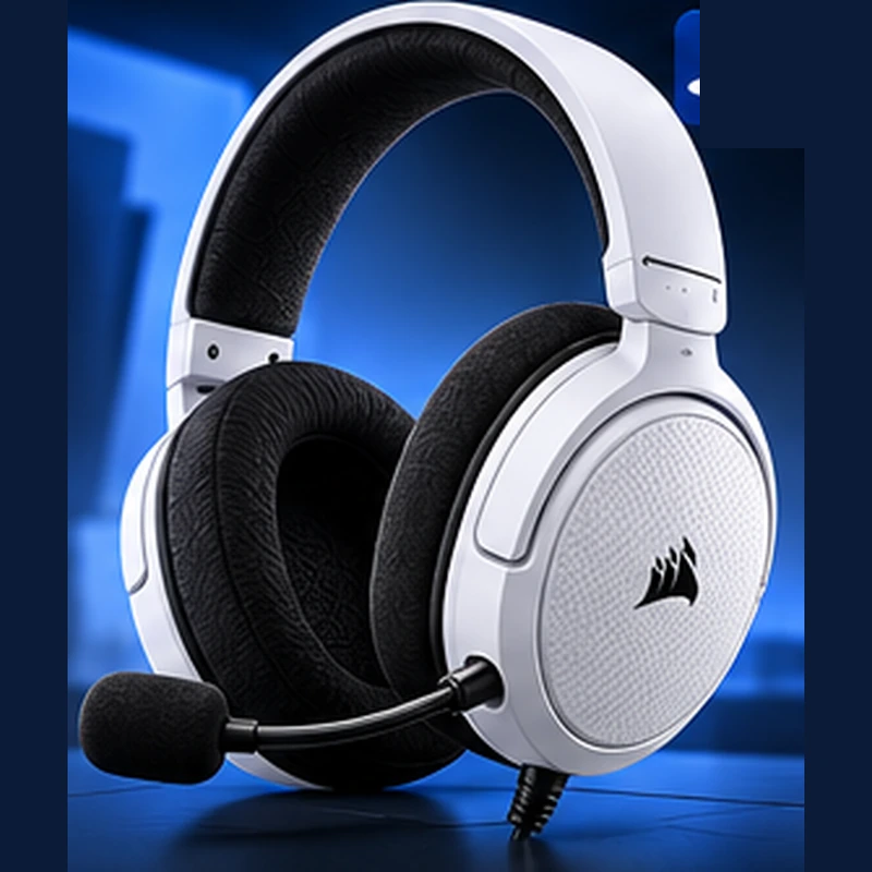 AI-generated product illustration of a white Corsair HS35 v3 wired headset with a microphone. Not an official manufacturer photograph.