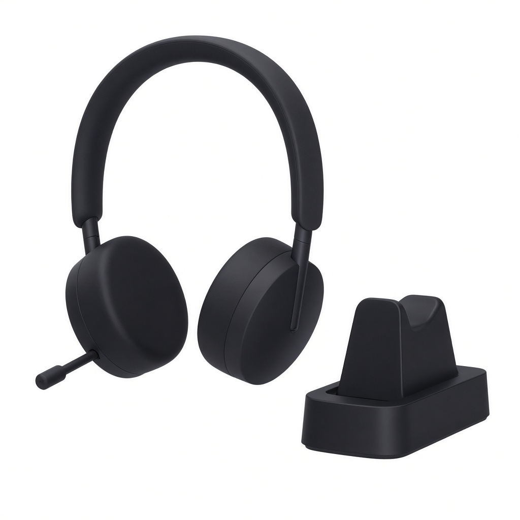 AI-generated product illustration of a midnight black PlayStation PULSE Elite headset with a charging hanger. Not an official manufacturer photograph.