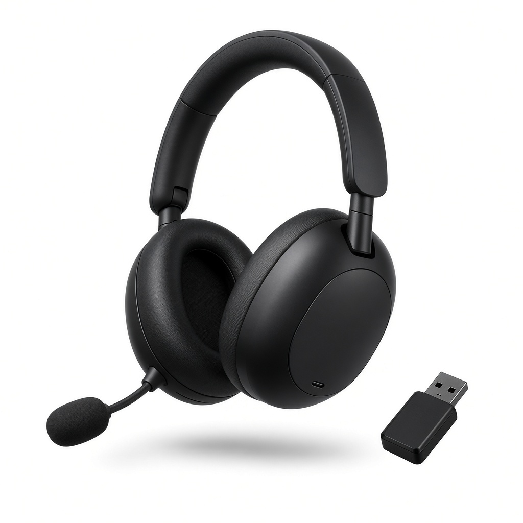 AI-generated product illustration of a black Sony INZONE H9 II wireless headset with a boom microphone and a USB dongle. Not an official manufacturer photograph.