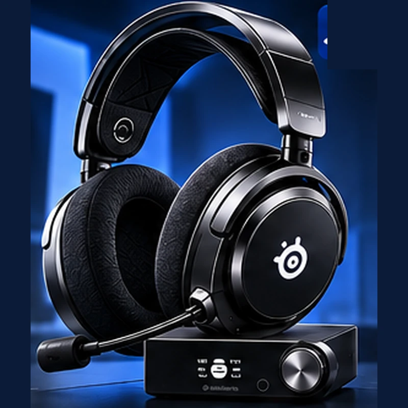 AI-generated product illustration of a graphite SteelSeries Arctis Nova Pro Omni with its base station. Not an official manufacturer photograph.