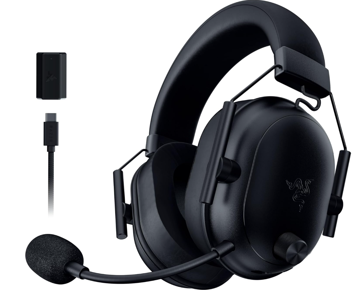 AI-generated product illustration of a black Razer BlackShark V2 HyperSpeed with a wireless dongle. Not an official manufacturer photograph.