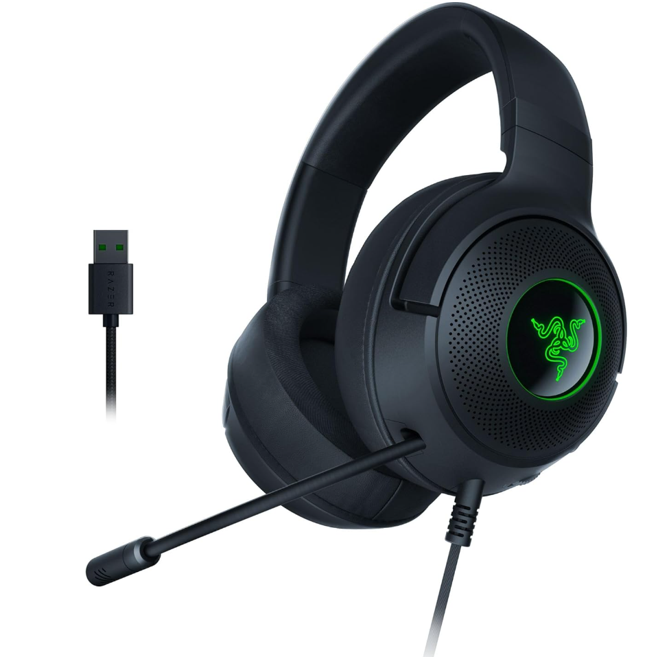 AI-generated product illustration of a black Razer Kraken V3 X USB headset with green earcup lighting. Not an official manufacturer photograph.