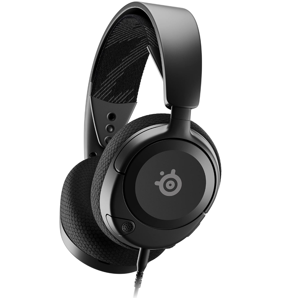 AI-generated product illustration of a black wired SteelSeries Arctis Nova 1. Not an official manufacturer photograph.