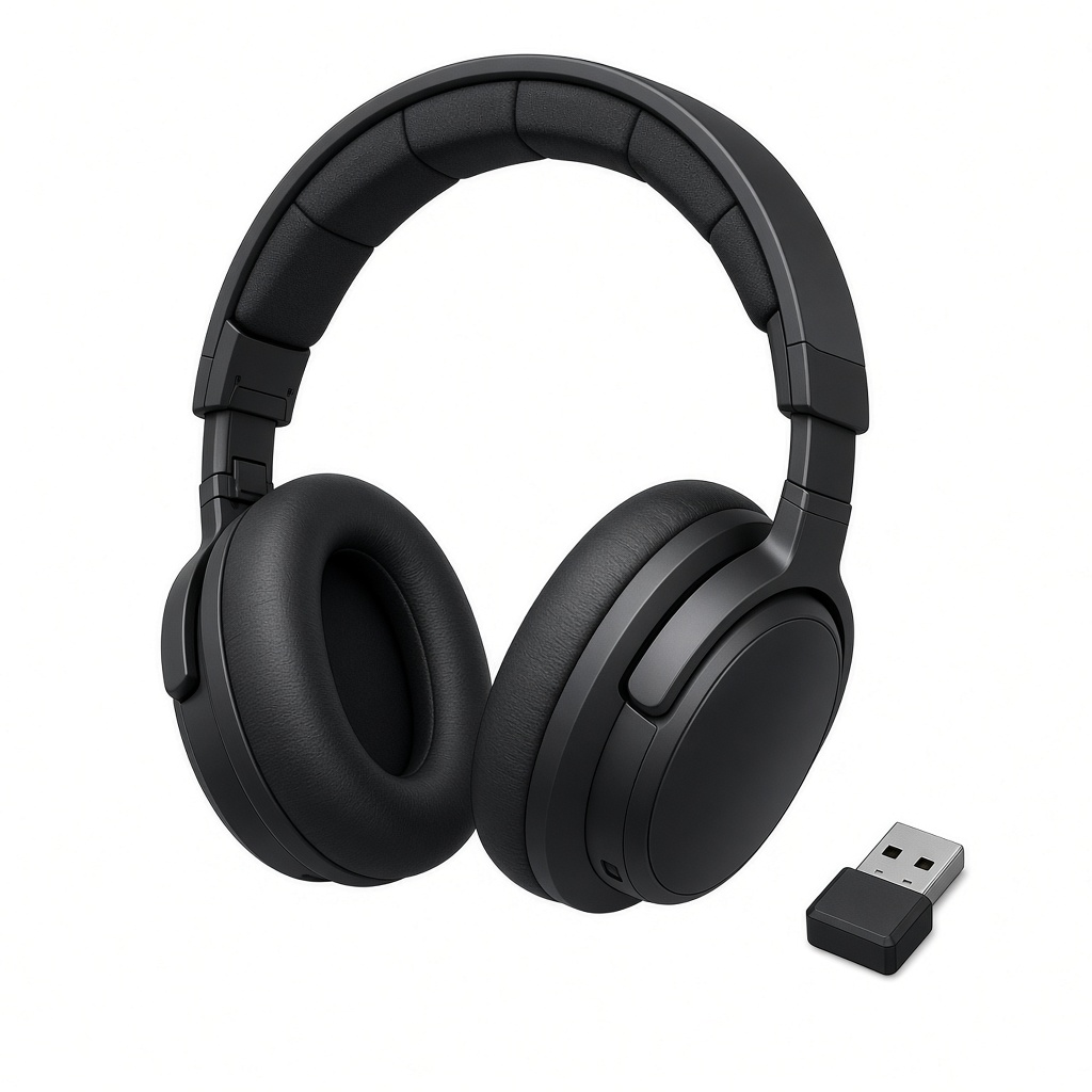 AI-generated product illustration of a black SteelSeries Arctis Nova 3P Wireless headset with a USB dongle. Not an official manufacturer photograph.