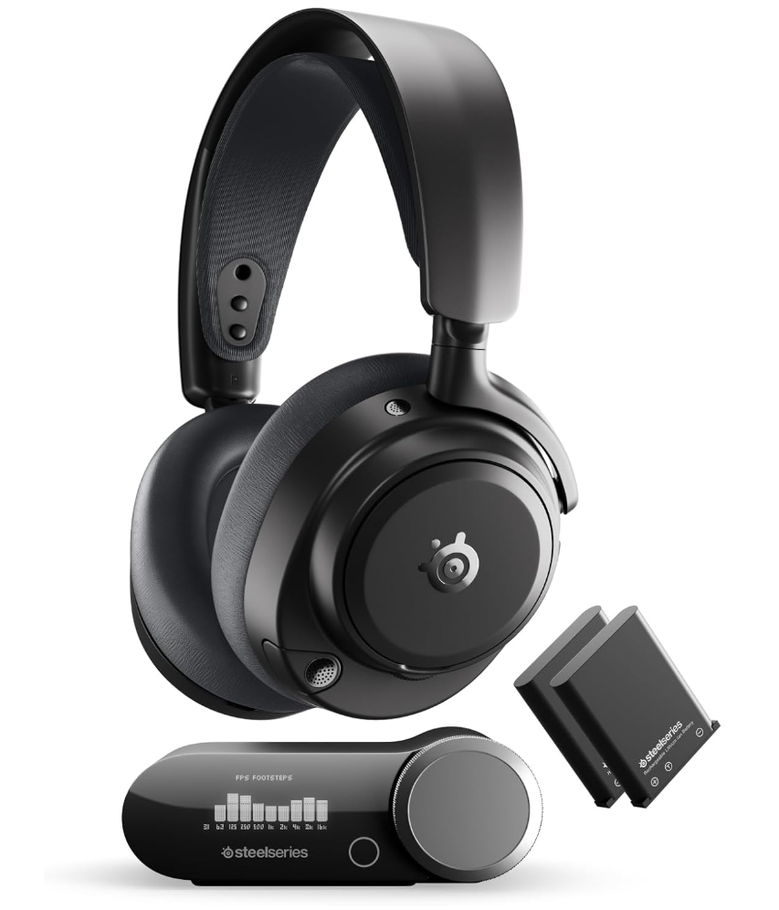 AI-generated product illustration of a black SteelSeries Arctis Nova Pro Omni with a base station and two batteries. Not an official manufacturer photograph.