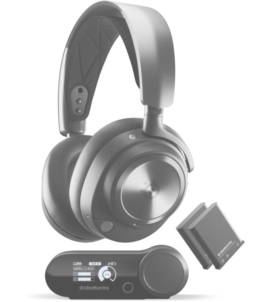 AI-generated product illustration of a light grey SteelSeries Arctis Nova Pro Wireless with a base station and two batteries. Not an official manufacturer photograph.