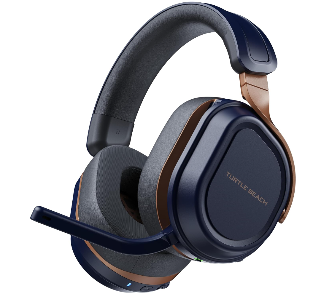 AI-generated product illustration of a navy and copper Turtle Beach Stealth 700 gaming headset. Not an official manufacturer photograph.